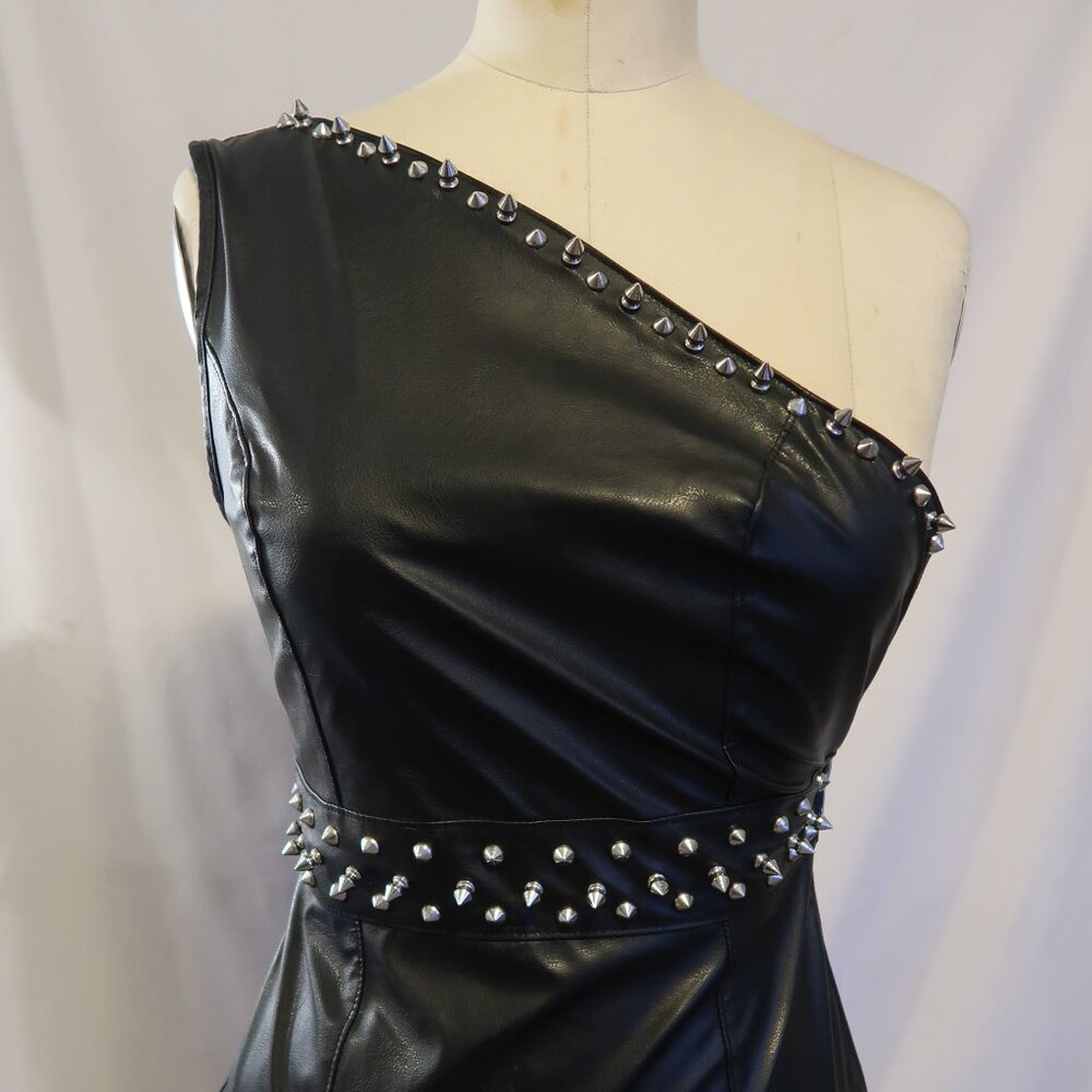 Black Faux Leather Studded One-Shoulder Dress